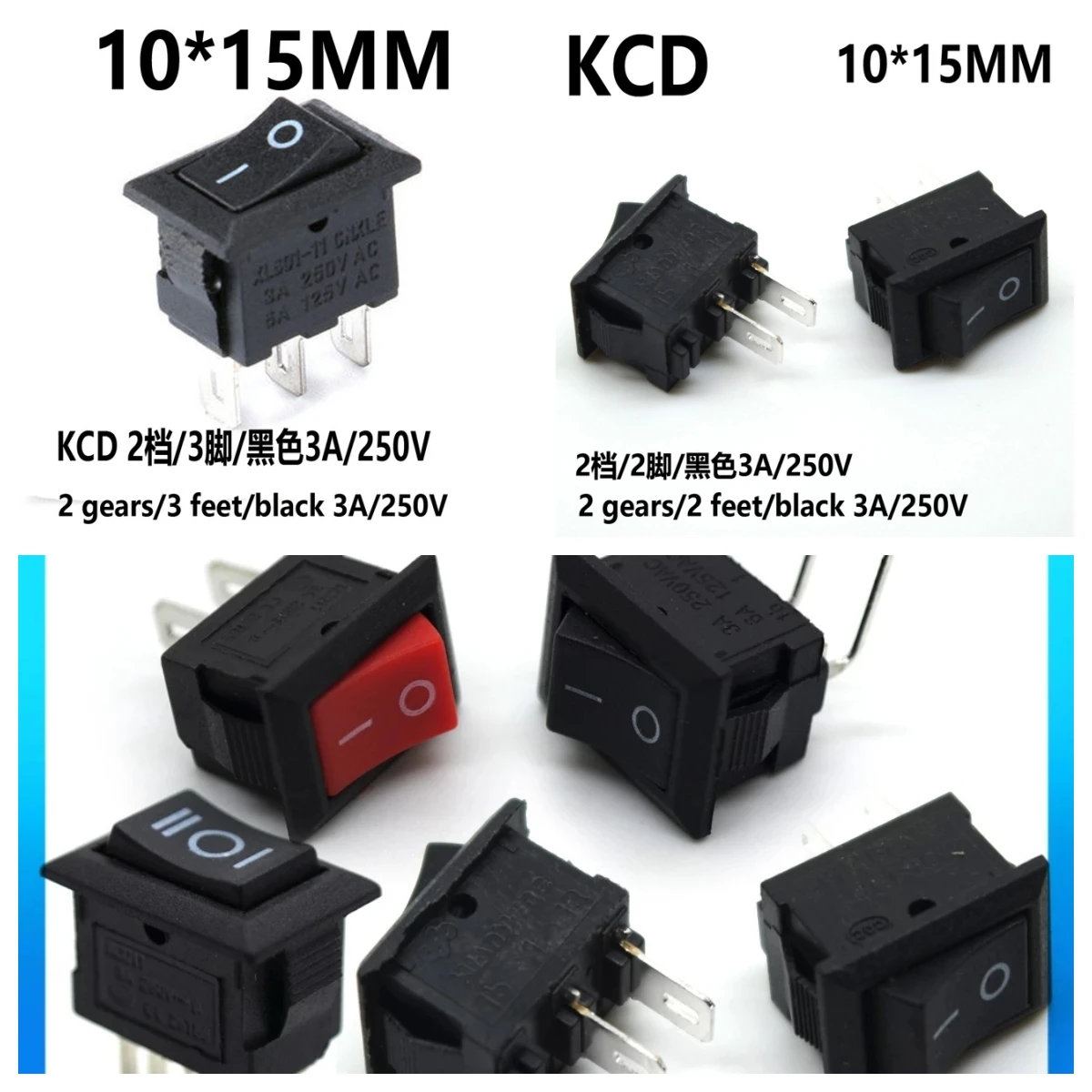 

15Pcs Mini Push Button Switch 10mmx15mm SPST 2/3Pin 3A 250VAC 6A125VAC KCD1 Snap-in on/Off Rocker Switch 10MM*15MM Black and Red