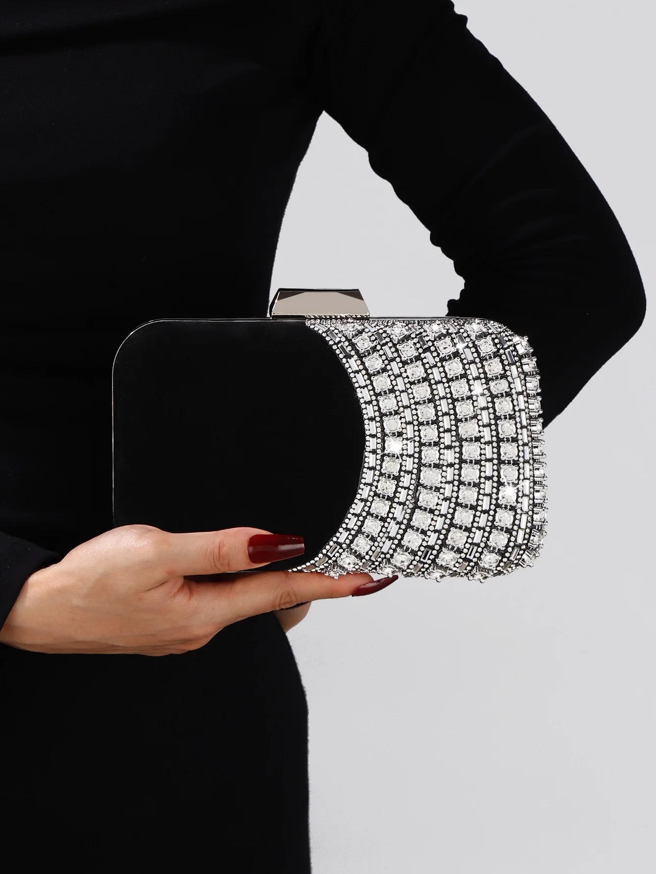 

Black Velvet & Silver Rhinestone Clutch Bag with Chain Strap - Elegant Evening Purse for Cocktail, Party & Formal Events