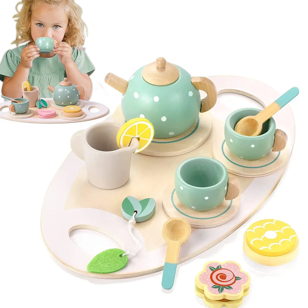 15pcs Wooden Tea Toys Pretend Play Kitchen Accessories Food Playset for Kids Role Play Game for Toddlers Girls Boys Gifts