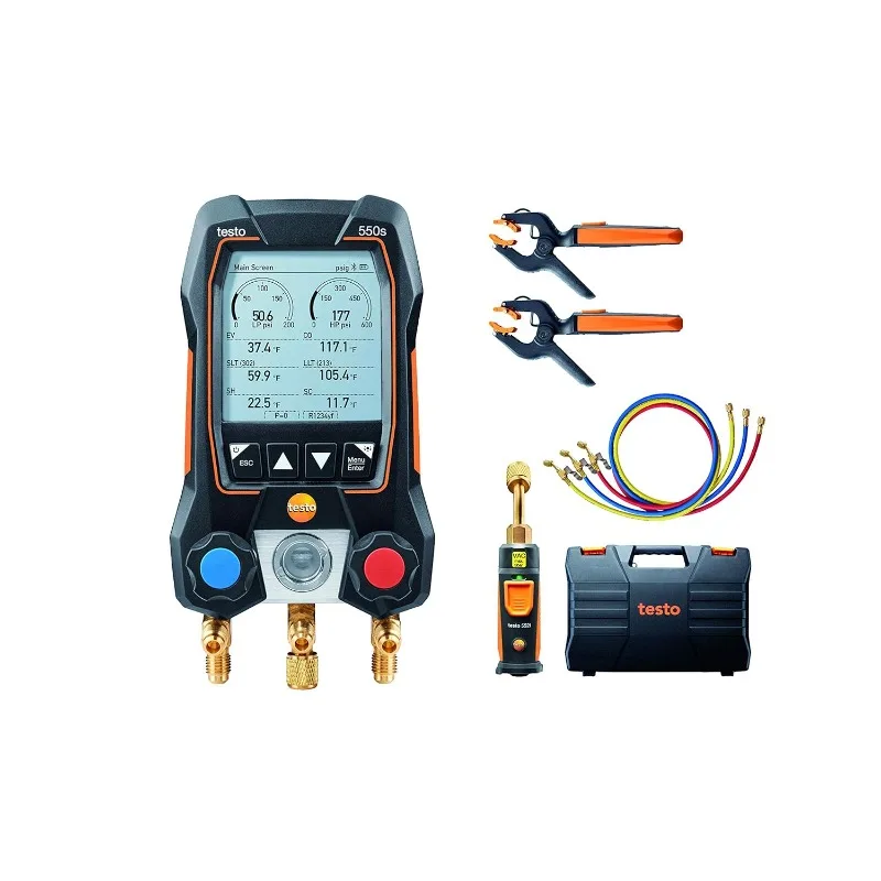 

550s AC Manifold Gauge Set – Manifold Gauges Hvac and Refrigeration – Incl. 2x testo 115i Pipe Clamp Thermometer