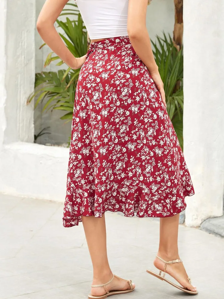 Novo em 2025 feminino verão praia casual floral impressão rendas midi saias longas feminino boho irregular saia de cintura alta