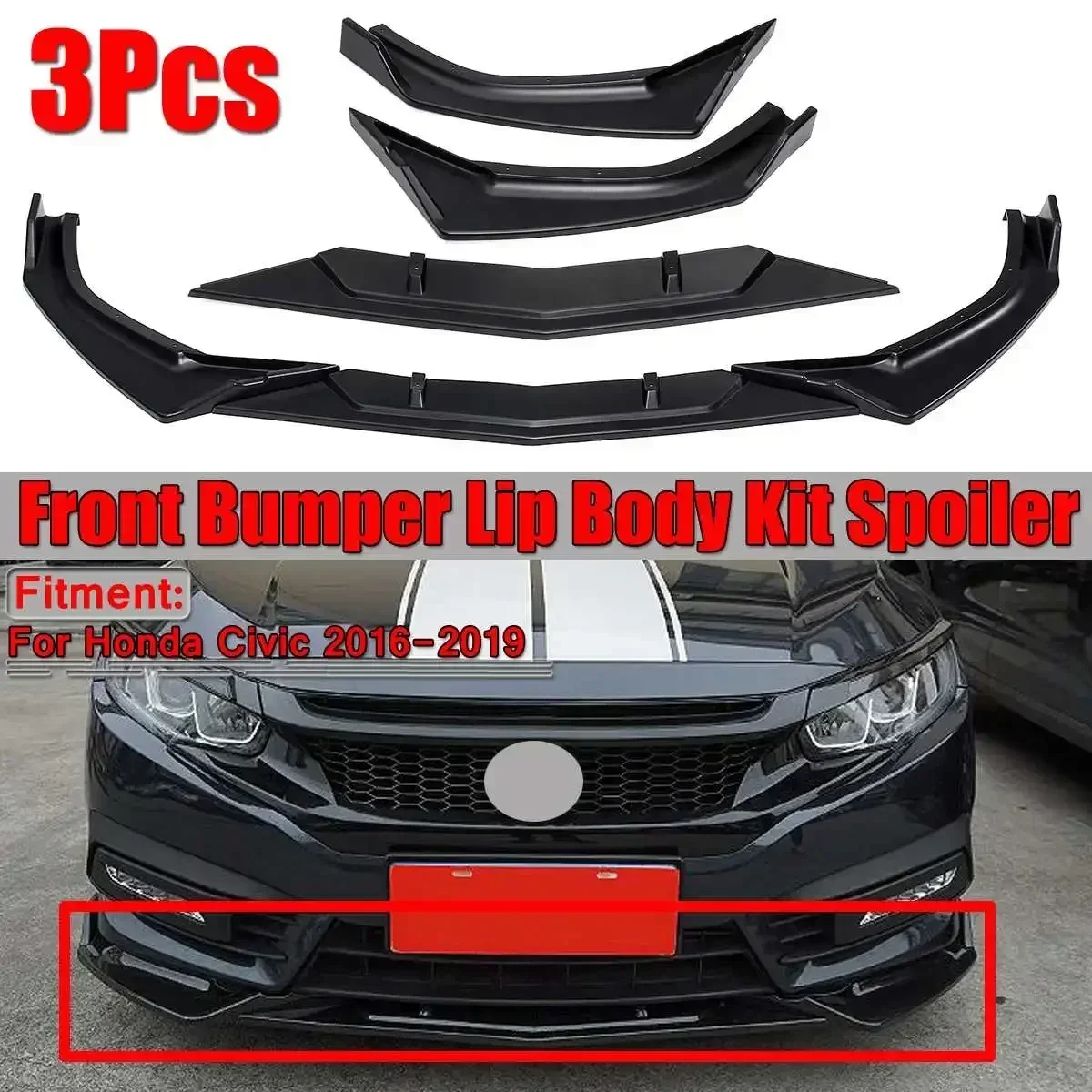 For Honda Civic 2016-2019 Carbon Fiber Look Car Front Bumper Lip Splitter Lip Spoiler Diffuser Spoiler Cover Exterior Part