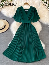 Women's Dress Summer V-neck Pleated Dress Elegant Temperament Waist Lace Up Hem Long Skirt Office Lady Evening Dresses Vestidos