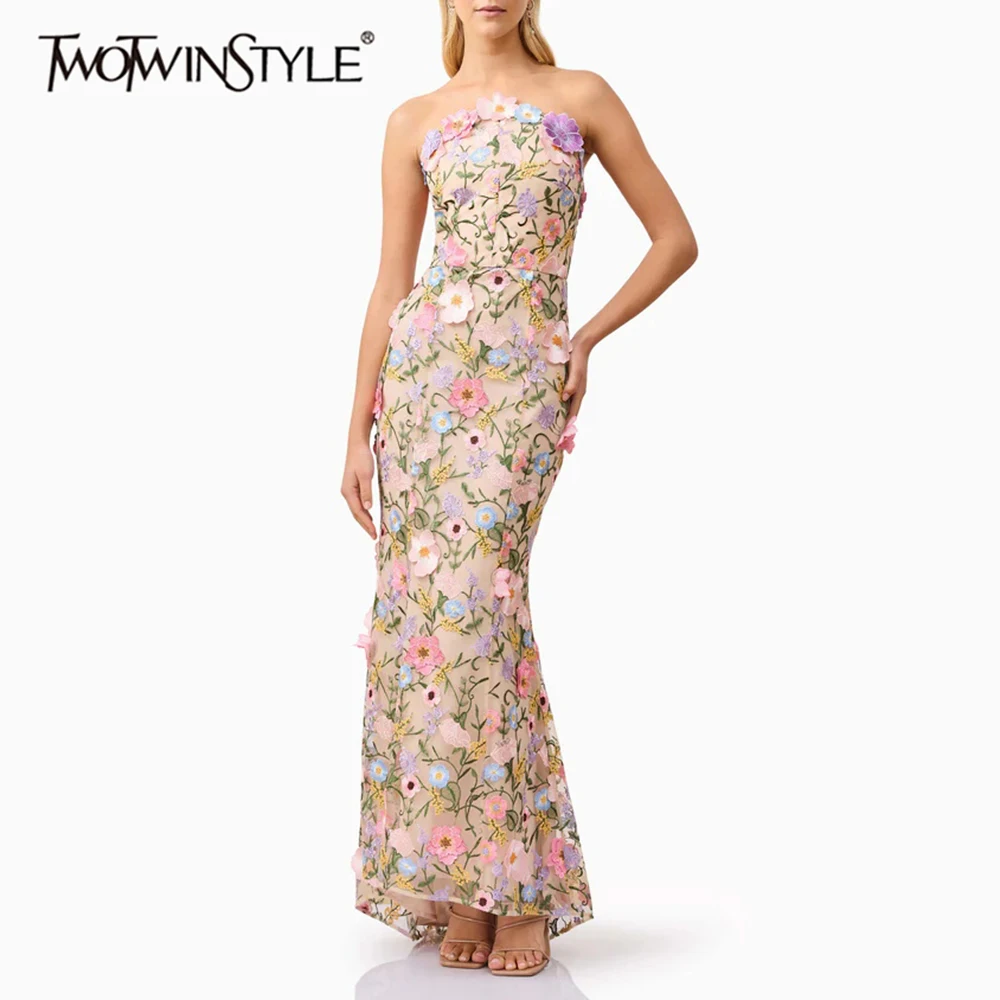 

TWOTWINSTYLE Hit Color Slimming Spliced Applique Elegant Dresses for Women Strapless Sleeveless Backless Dress Female Clothing