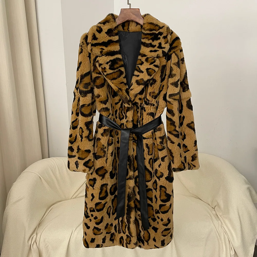 2026 Street Oversized Winter Warm Rex Rabbit Fur Jacket Coat Long Leopard Belted Lapel Collar Overcoat Female Outerwear Clothing