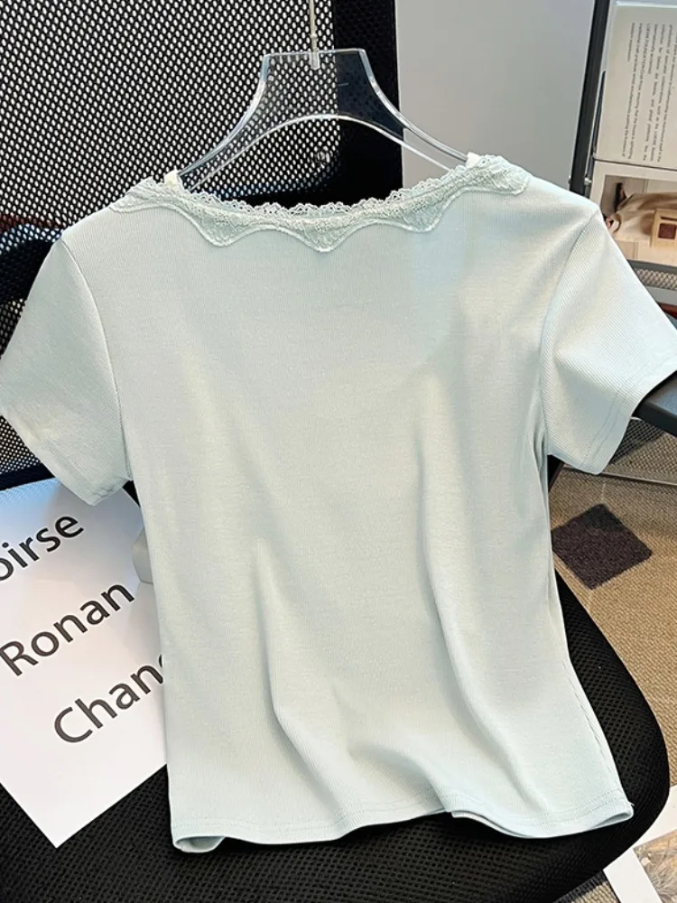 Cseta de Manga Corta con Lazo de Mariposa de Encaje para Mujer, Corte Ajustado, Estilo Corto, Parte Superior, Nueva Colecc...