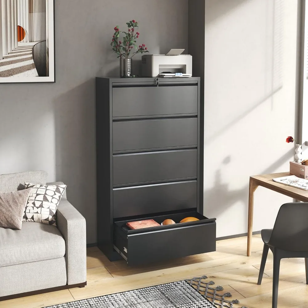 Black Metal 5-Drawer Wide Lateral File Cabinet with Lock for Home Office, Secure Steel Filing Cabinet for Letters and Documents