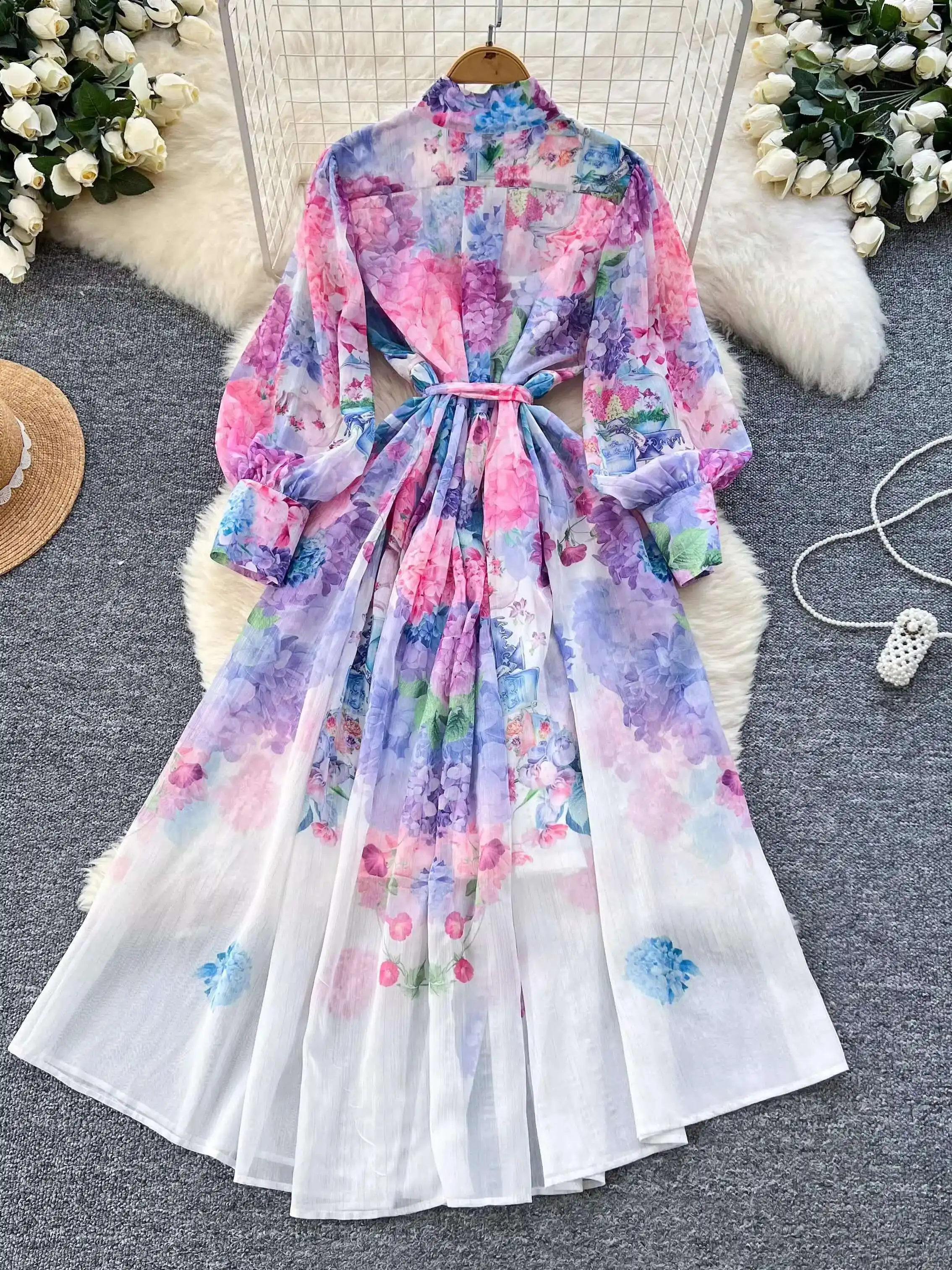 Elegant Florla Long Sleeve Maxi Dress Shirt For Women Summer Autumn Single Breasted Printed Midi Chiffon Dresses Evening Robe