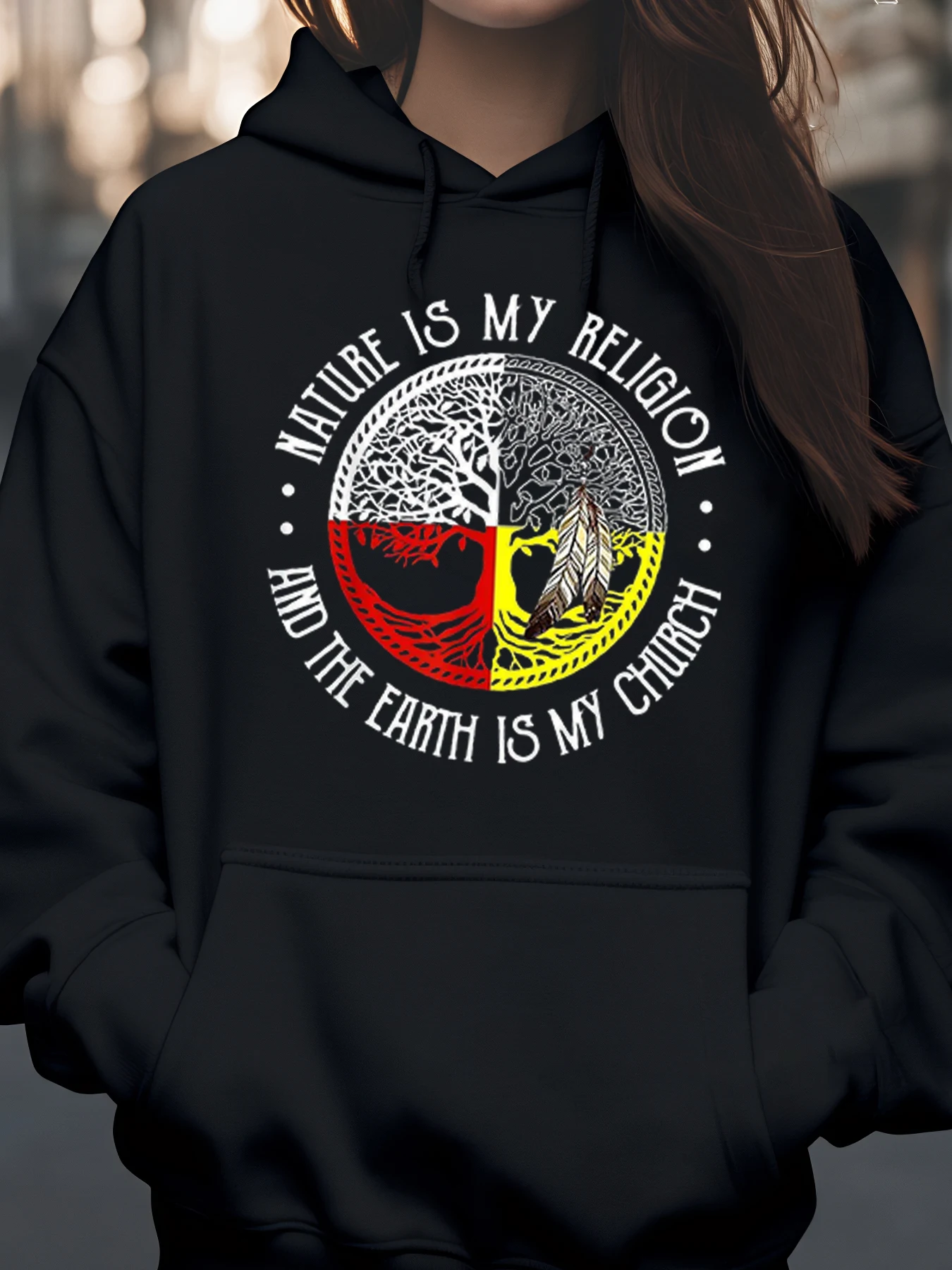 Nature Is My Religion and the Earth Is My Church Tree Design Hoodie Autumn Outdoor Wear for Nature Lovers