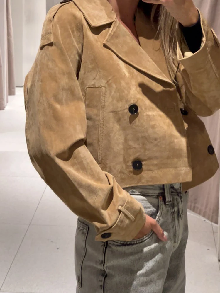 

HH 2025 Autumn Woman Elegant Lapel Long Sleeves High Street Coats Women Pocket Double-Breasted Design Casual Short Jacket