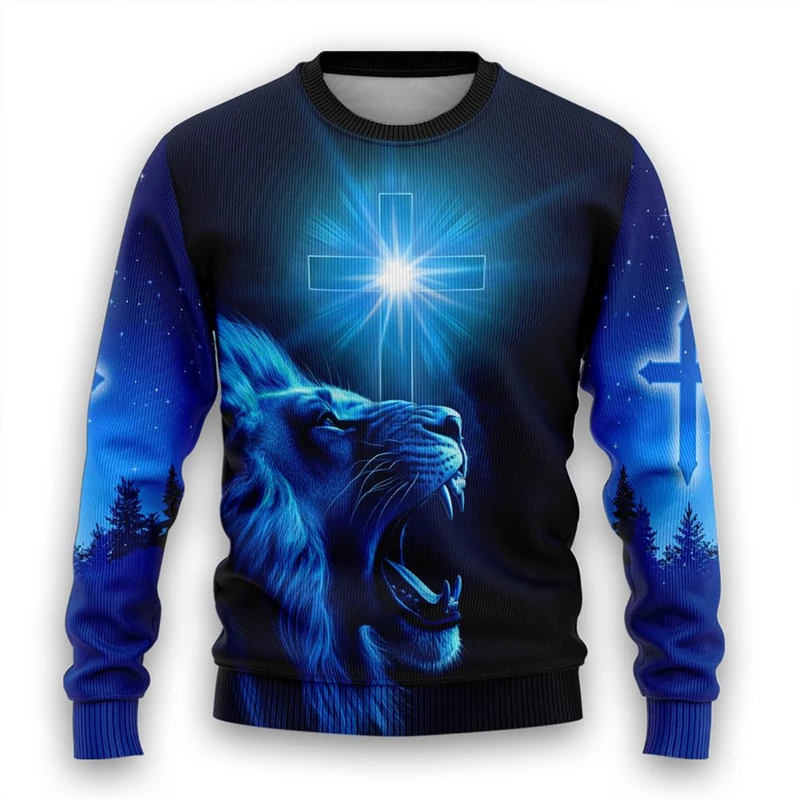 Christian Lion Graphic Sweatshirts God Jesus Ugly Christmas Sweater For Women Clothes Casual Cross Long Sleeve Man Pullovers