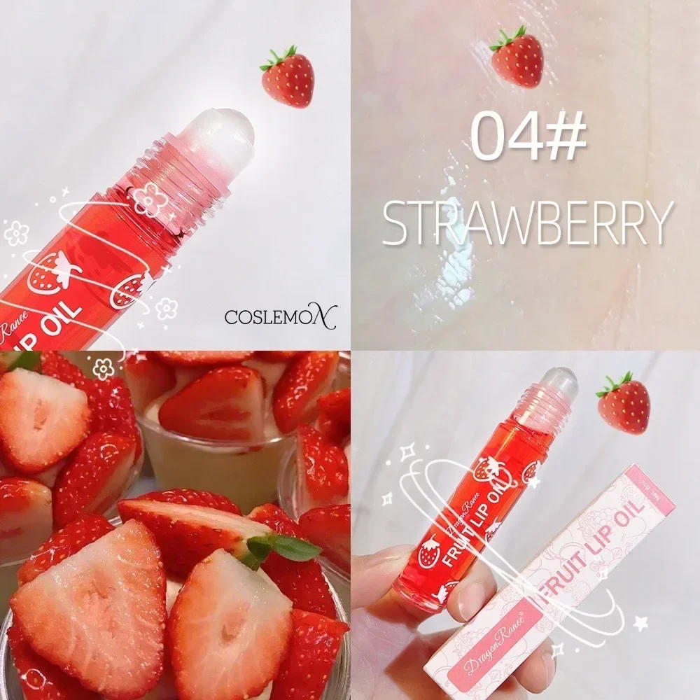 Peach Strawberry Fruit Roll-on Lip Oil Primer Moisturizing Clear Natural Long Lasting Hydrating Lipstick Transparent Lip Balm