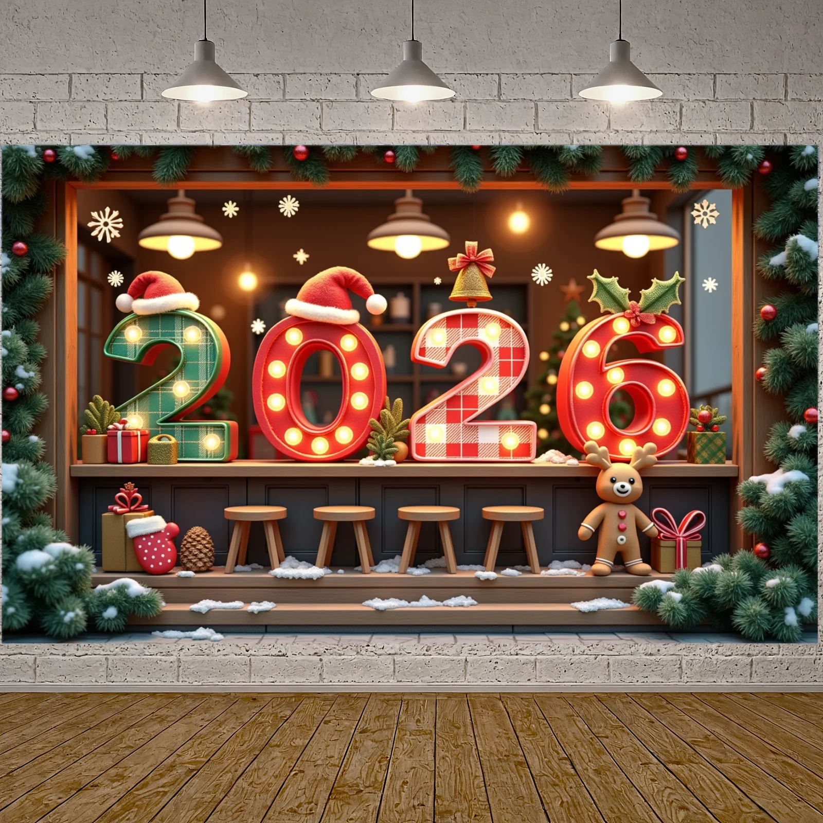 2026 عيد الميلاد السنة الجديدة راية الذهب تضيء ديكور خلفية الشريط الأحمر عطلة الديكور السنة الجديدة حفلة داخلي الجدار الشنق #5