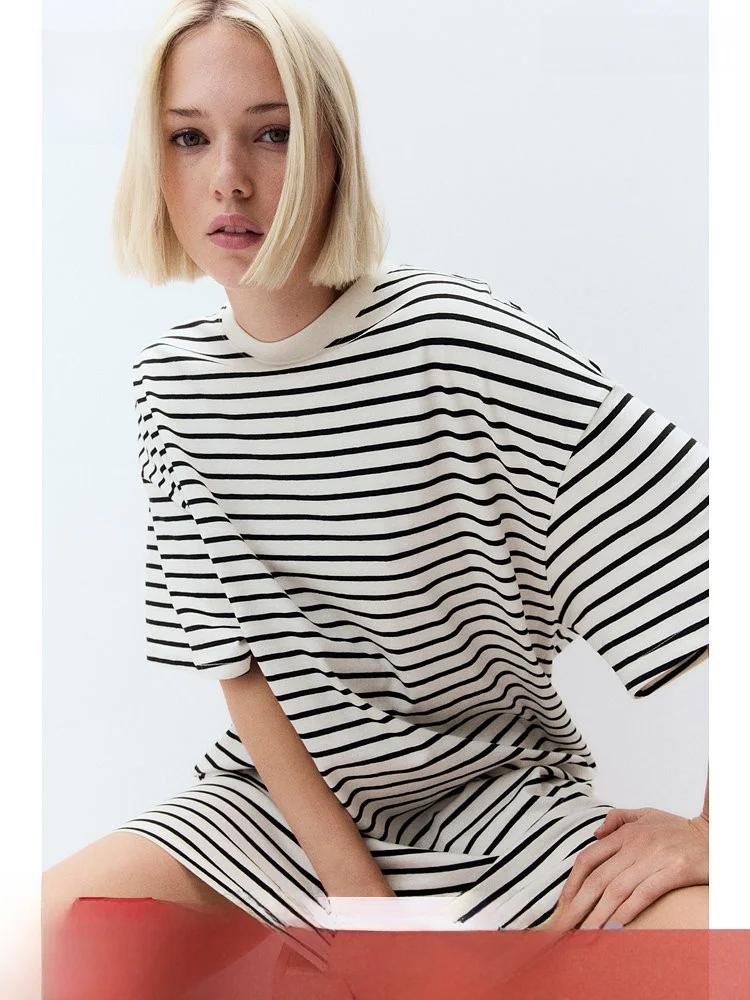 

Женская хлопковая футболка H&M Dr Cotton, свободная, мягкая, в полоску, повседневная, с коротким рукавом, круглым вырезом, весна-осень