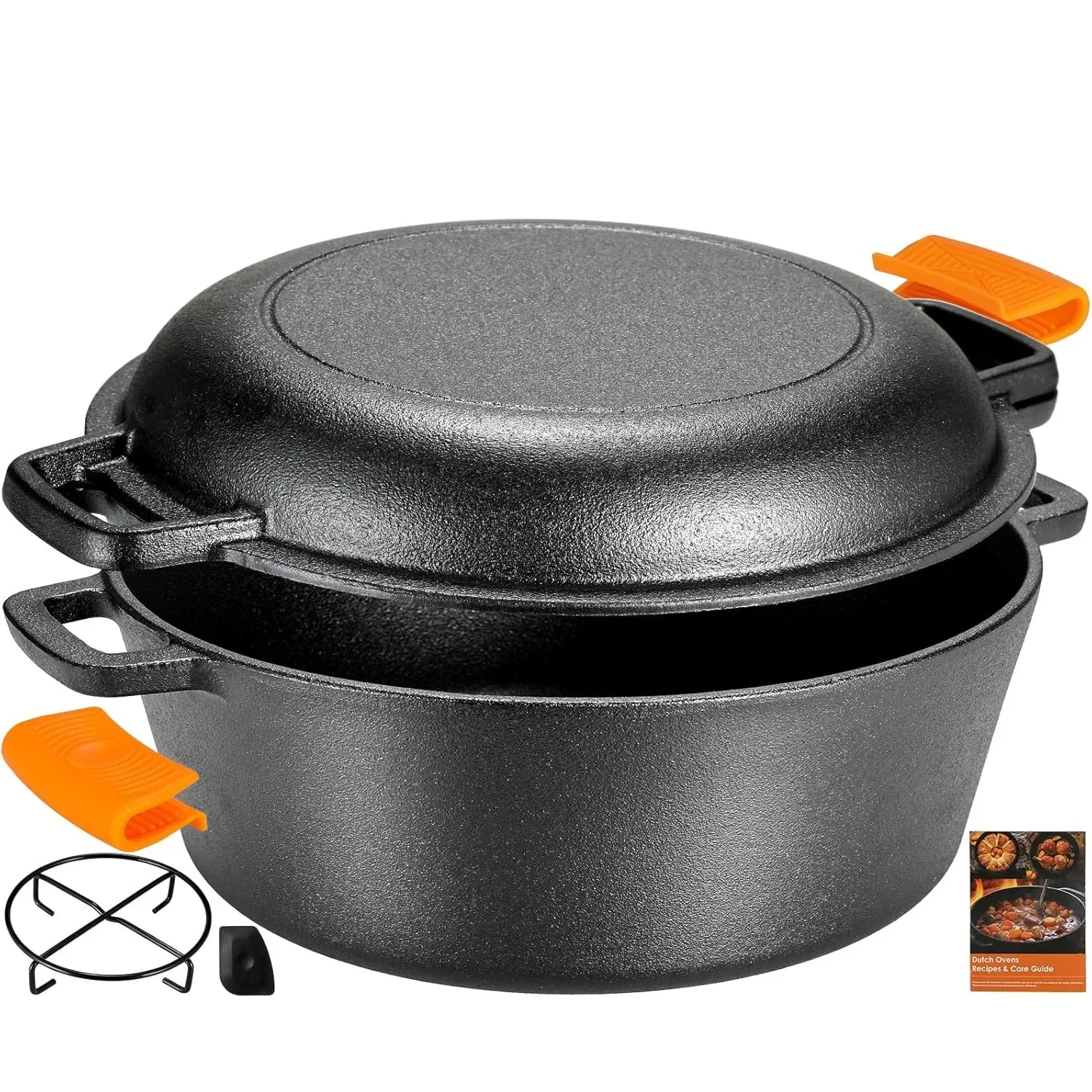 Pre-Seasoned Cast Iron Double Dutch Oven With Loop Handles, 5.1 Quart Pot + 1.9 Quart Lid - Cast Iron Dutch Oven with Lid BBQ