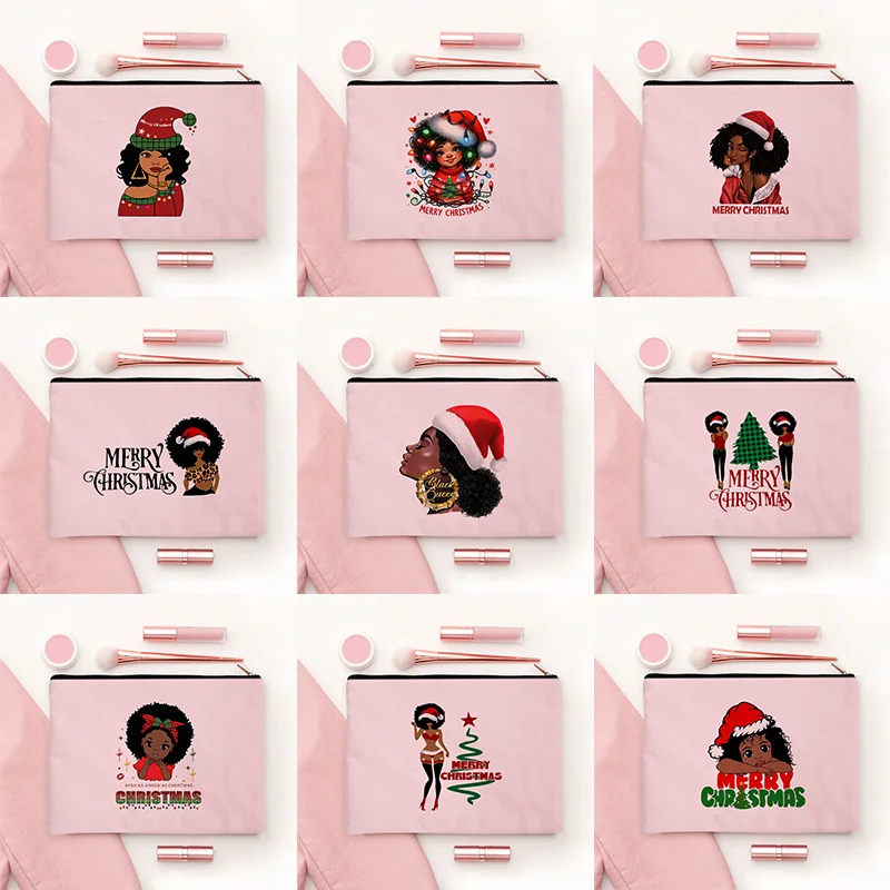 Merry Christmas Black Girl Print Zipper Makeup Bag Black American Elements Cosmetic Kit Melanin Girl XMAS Gift Toiletry Pouch