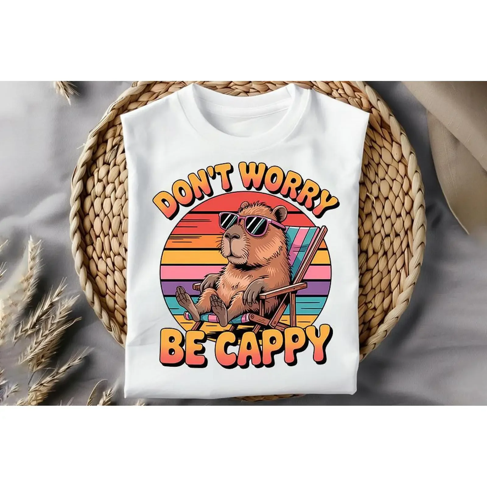 Don't Worry Be Cappy Cute Capybara Retro Summer Funny T shirt Sublimation DTF Digital Download PNG Design vintage Washed Casual