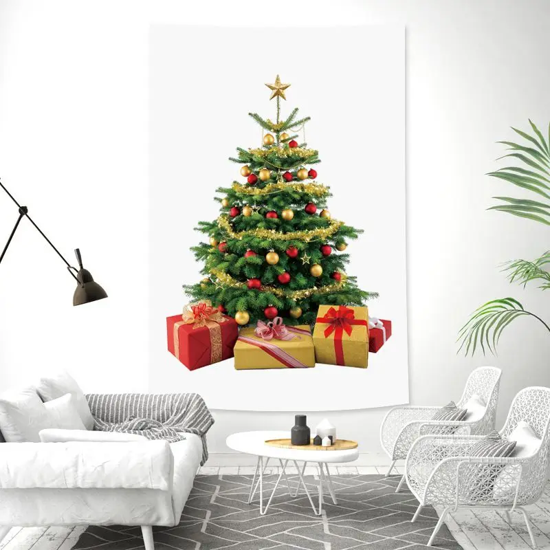 VIKAMA Wall Tapestry Christmas Tree Gold Star Tinsel Red Gold Ornaments Modern Wall Hanging Home Decor Living Room Bedroom Soft