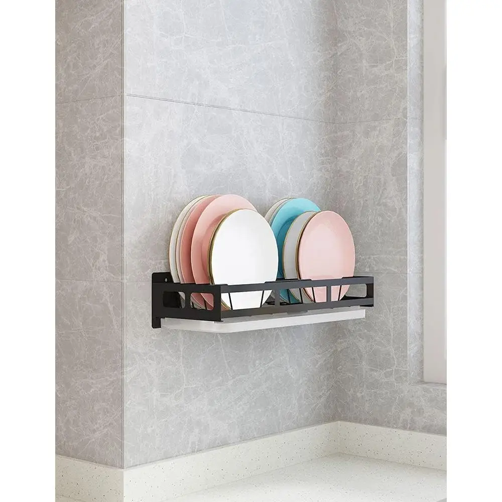 

Kitchen Wall-Mounted Plate Storage Rack With Drying Tray - Dish Rack - Display Shel - Wall Hanging Holder (Black)