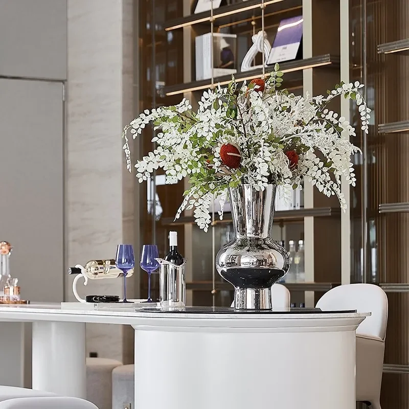 Modern light luxury silver art big glass vase Nordic creative simple dining table flower ornament model room living room