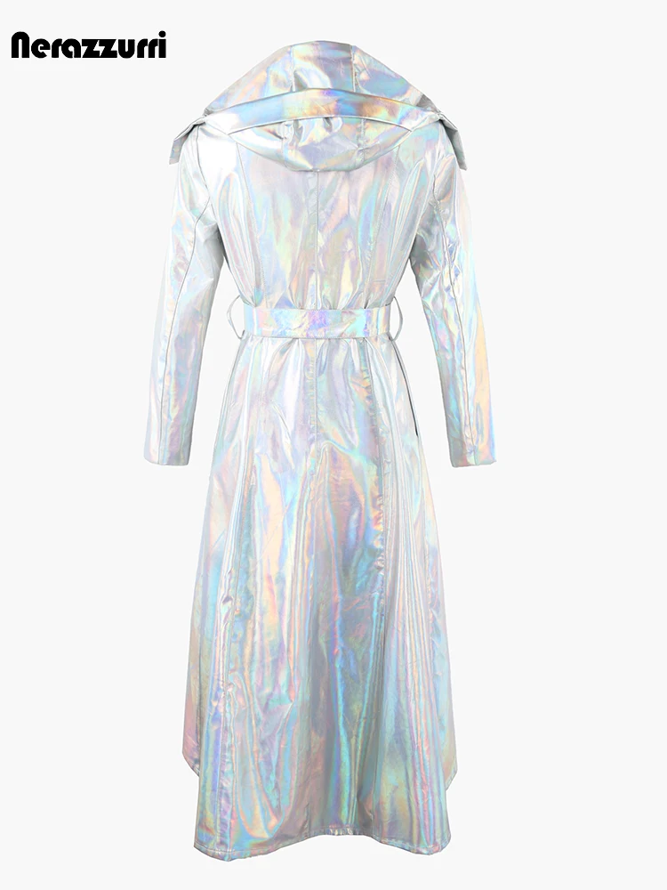 Nerazzurri Autumn Extra Long Windproof Waterproof Shiny Reflective Silver Holographic Patent Faux Leather Coat Women with Hood