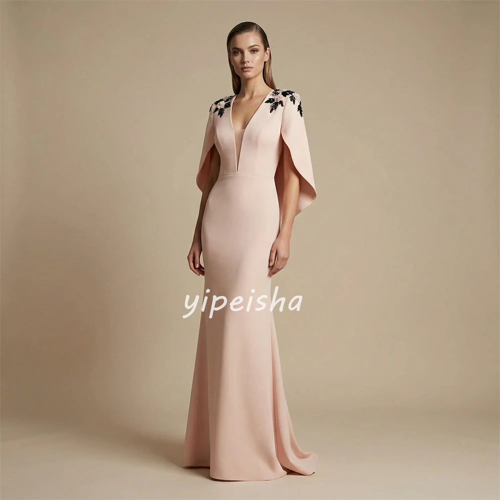 Personalizado de alta qualidade formal jérsei beading botão sereia vestido de festa clássico elegante com decote em v sem mangas vestidos de noite retro