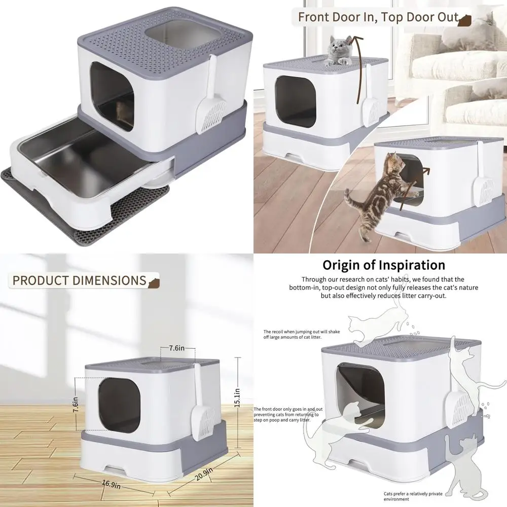 Graue, geschlossene Katzentoilette aus teflonbeschichtetem Edelstahl mit hohen Wänden – große, auslaufsichere Streuwanne zur Geruchskontrolle
