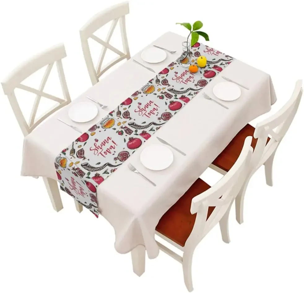 Rosh Hashanah Linen Table Runner Jewish Holiday Decor Shana Tova Pomegranate Honey Shofar Horn Kitchen Dining Table Runner Decor