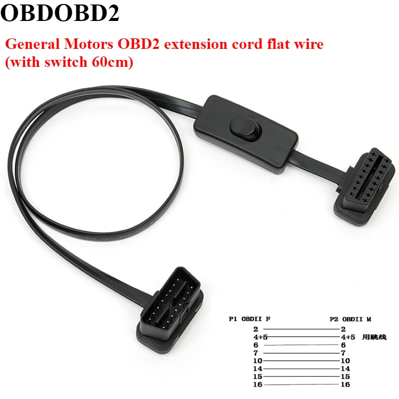 

Автомобильный OBD2 с удлинительным кабелем переключателя, плоский провод OBD, провод «папа-мама», ультратонкий соединительный кабель для лапши, elm327 60 см