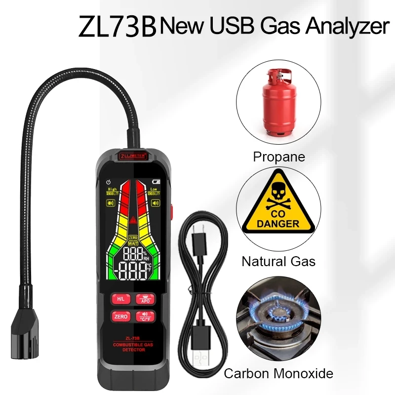 ZL73B Gas Leak Detector Buzzer Alert LCD Display Combustible Gas Detector Temperature Humidity Gas Analyzer Electric Tester Tool