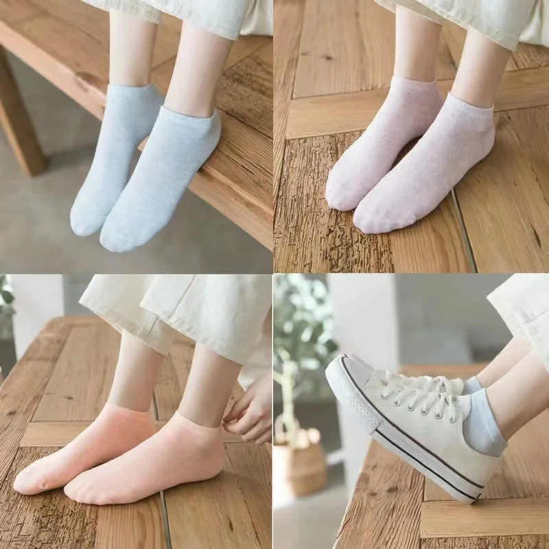 5 Pairs Womens Socks Free Size Pink White Black Gray Green Pink Breathable Sports Solid Color Boat Socks Soft Summer Girls Socks