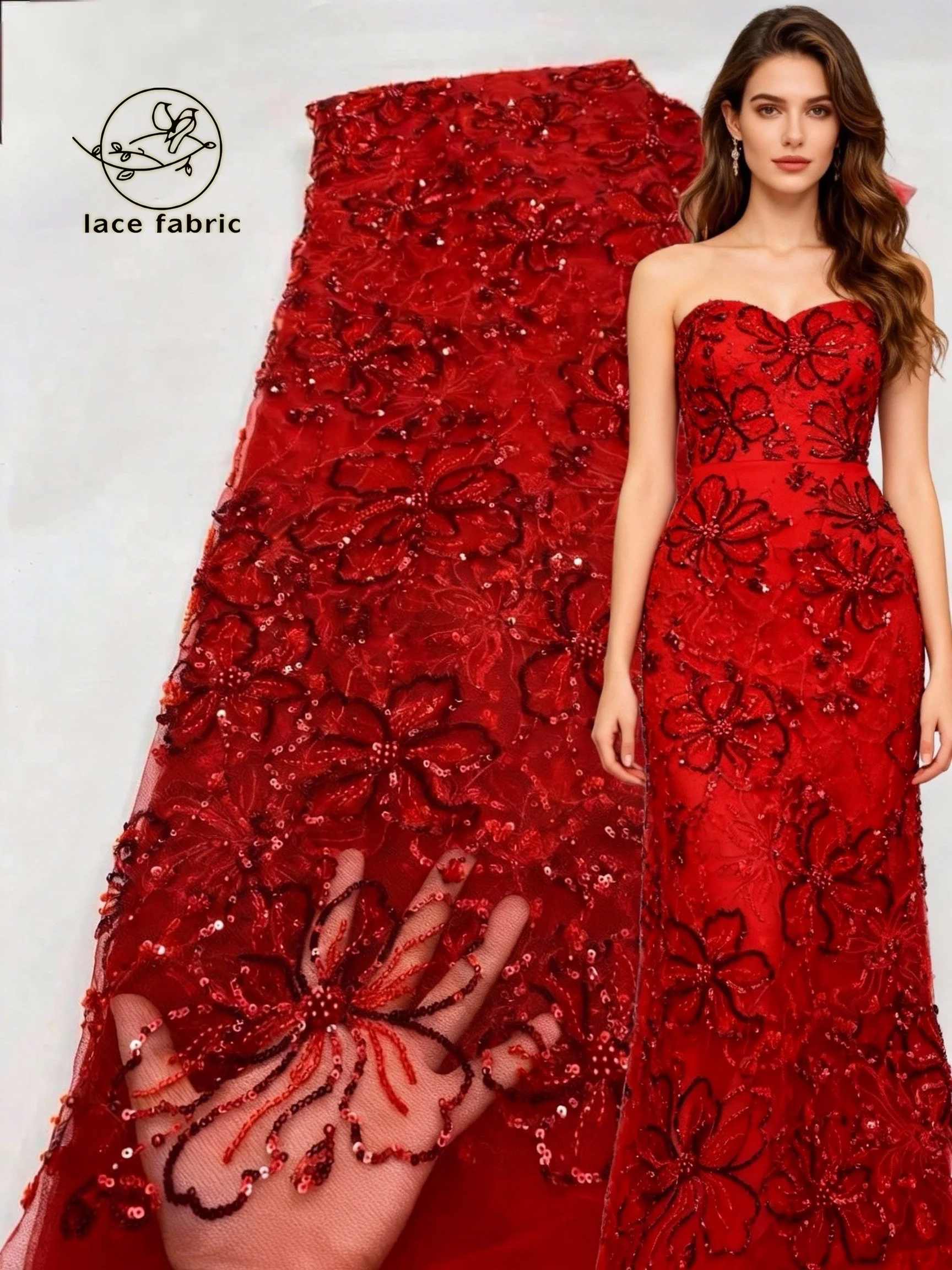 

Red African Lace Fabric Sequins Embroidery Luxury Groom Nigerian Bridal 2026 High Quality French Tulle Lace Fabric For Wedding
