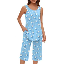 Women Pajamas Sets Soft Sleeveless Tank Tops Capri Pants With Pocket Loungewear Sets Sleepwear Summer Sweet Nightdress Nightgown