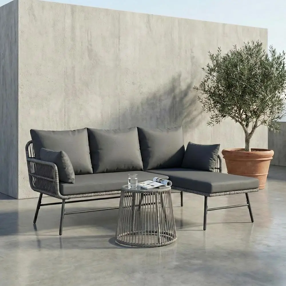 

All-Weather Outdoor Patio Furniture Set: L-Shaped Rattan Sectional Sofa with Cushions and Glass Coffee Table for Backyard, Porch