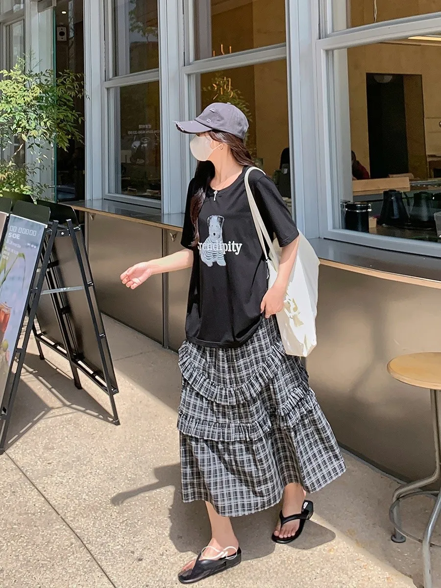 

Женская юбка Muxixi большого размера с клетчатым узором и асимметричным подолом, с высокой талией, А-силуэт, летняя длинная юбка