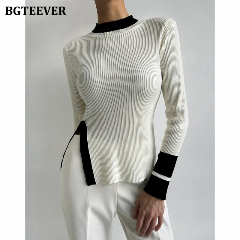 

BGTEEVER Autumn Winter Fashion Slim Ladies Patchwork Sweaters Pullovers O-neck Long Sleeve Side Split Female Knitted Jumpers