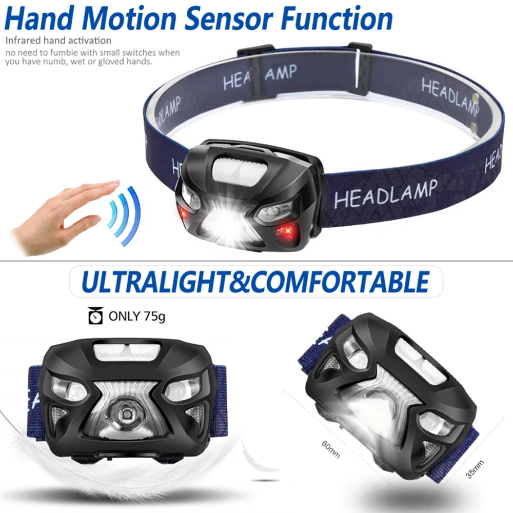 

Camping Waterproof Fishing Headlight Intelligent Sensor Rechargeable Headlamp Flashlight Torch Head Light