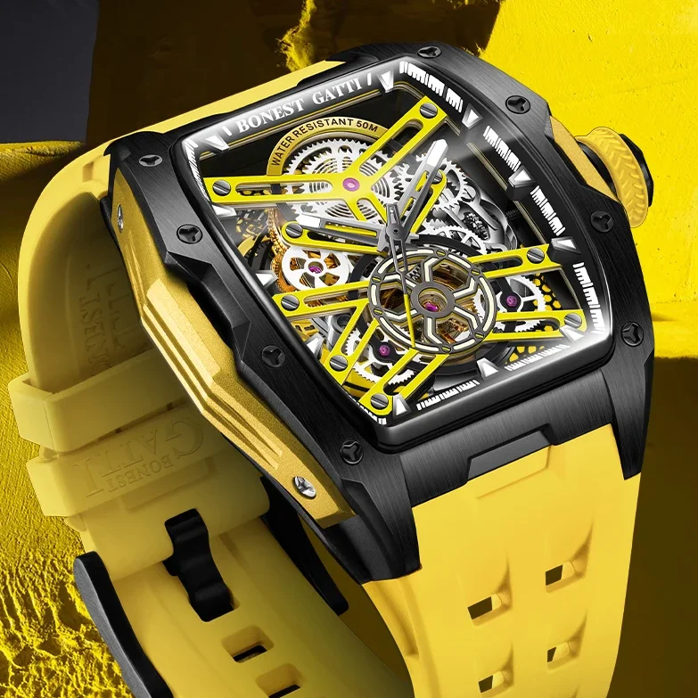 

BONEST GATTI Men Automatic Watch 46MM Tonneau Luxury Mechanical Wristwatch 50M Waterproof Sapphire Luminous Skeleton Dial
