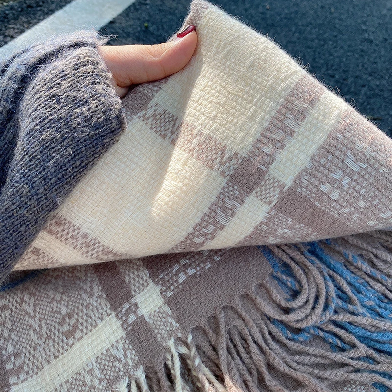 

Woven Plaid Simple Ins Japanese Style Versatile Long Winter Checkered Scarf with Fringe Thickened Shawl Wrap for Women Men