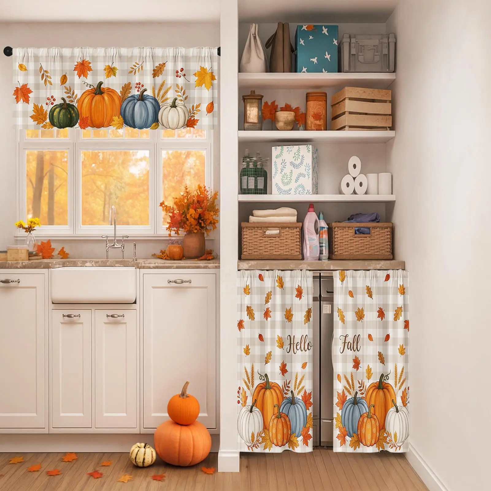 Fall Pumpkin Sunflower Maple Leaves Kitchen Curtain Set 3 Pcs Rod Pocket Valance Tier Curtains Farmhouse Window Drapes For Kitch