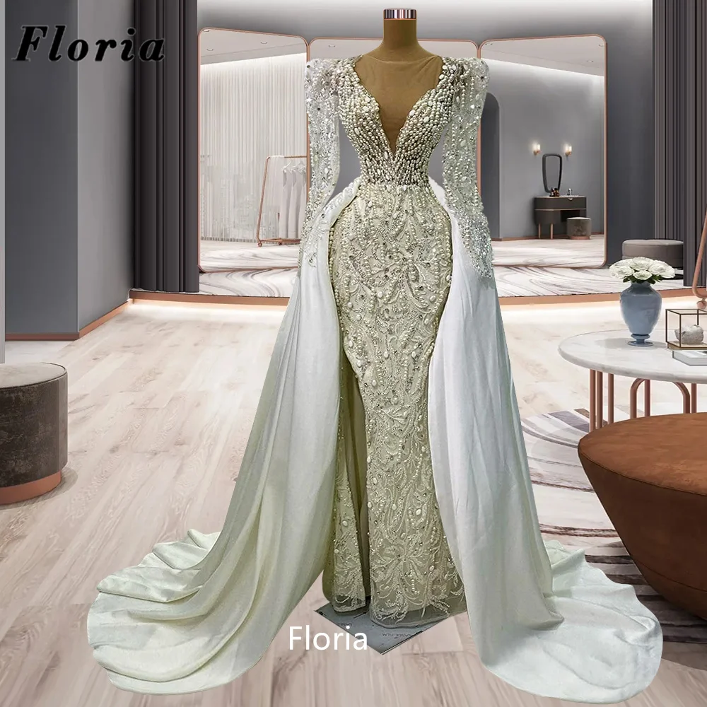 

Floria Middle East White Beading Prom Dresses Custom Made V Neck Formal Evening Dress Turkish Dubai Mermaid Crystal Party Night