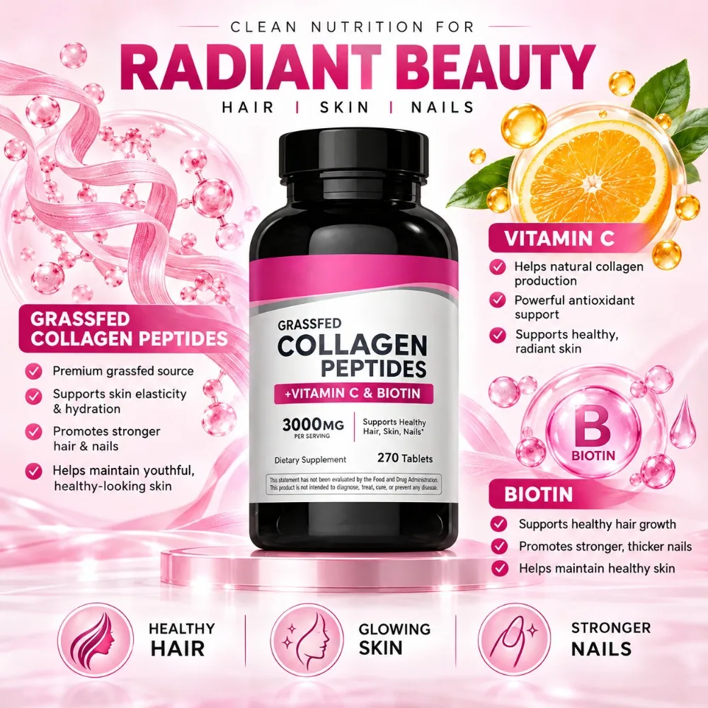 Grass Fed Bovine Collagen Peptides Tablets 6000mg 270 Count with Vitamin C Biotin for Hair Skin Nails Beauty Support