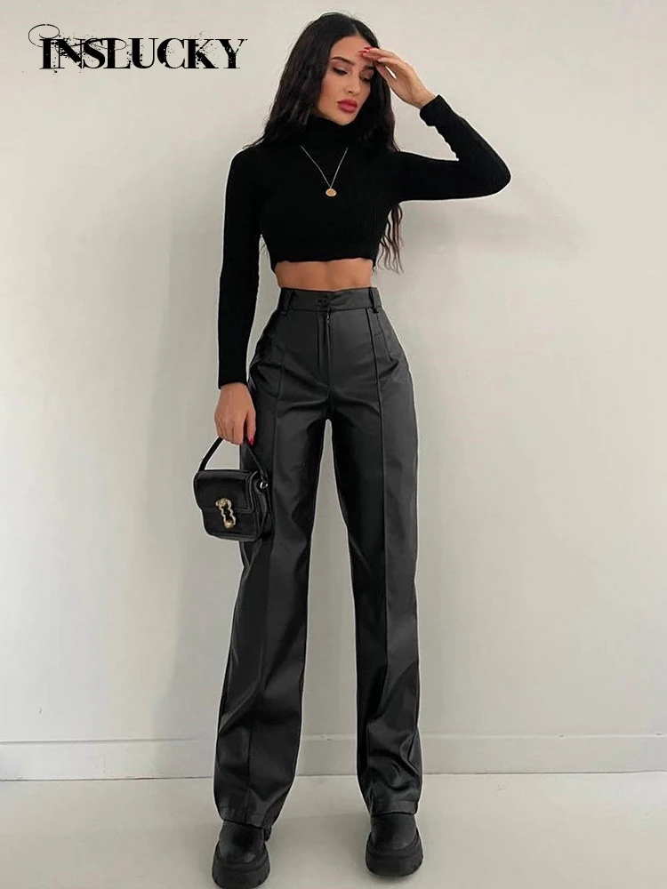 InsLucky-Women\'s Faux Leather Straight Pants,PU High Waist Slim Trousers,Fashion Casual,Elegant Office Lady,PU Harajuku,Autumn