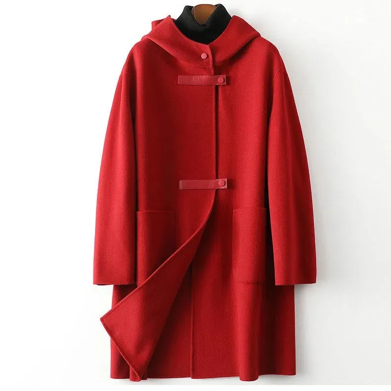 Neue Modische Doppelseitige POLYESTER-Jacke mit Kapuze für Damen Herbst Winter Doppelseitige Woll-Windjacke Eleganter Schlanker Wollmantel – Detail 12