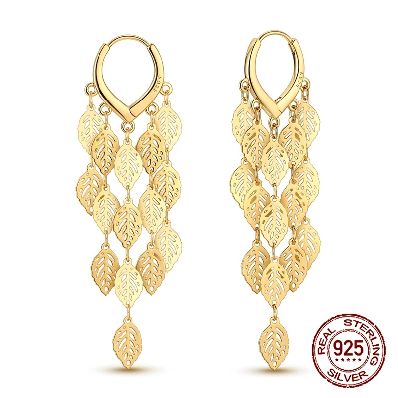 

925 Sterling Silver Openwork Leaf Tassel Dangle Huggie Hoop Earrings for Women Filigree Leaf Chandelier Earrings Jewelry Gift