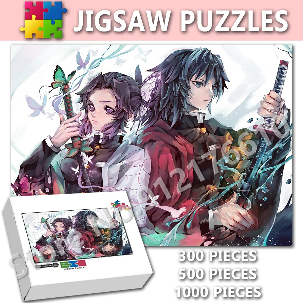 Demon Slayer Jigsaw Puzzles 300/500/1000 Pieces Bandai Anime Wooden Puzzle for Adults Kids Intellectual Family Game Toys Gifts