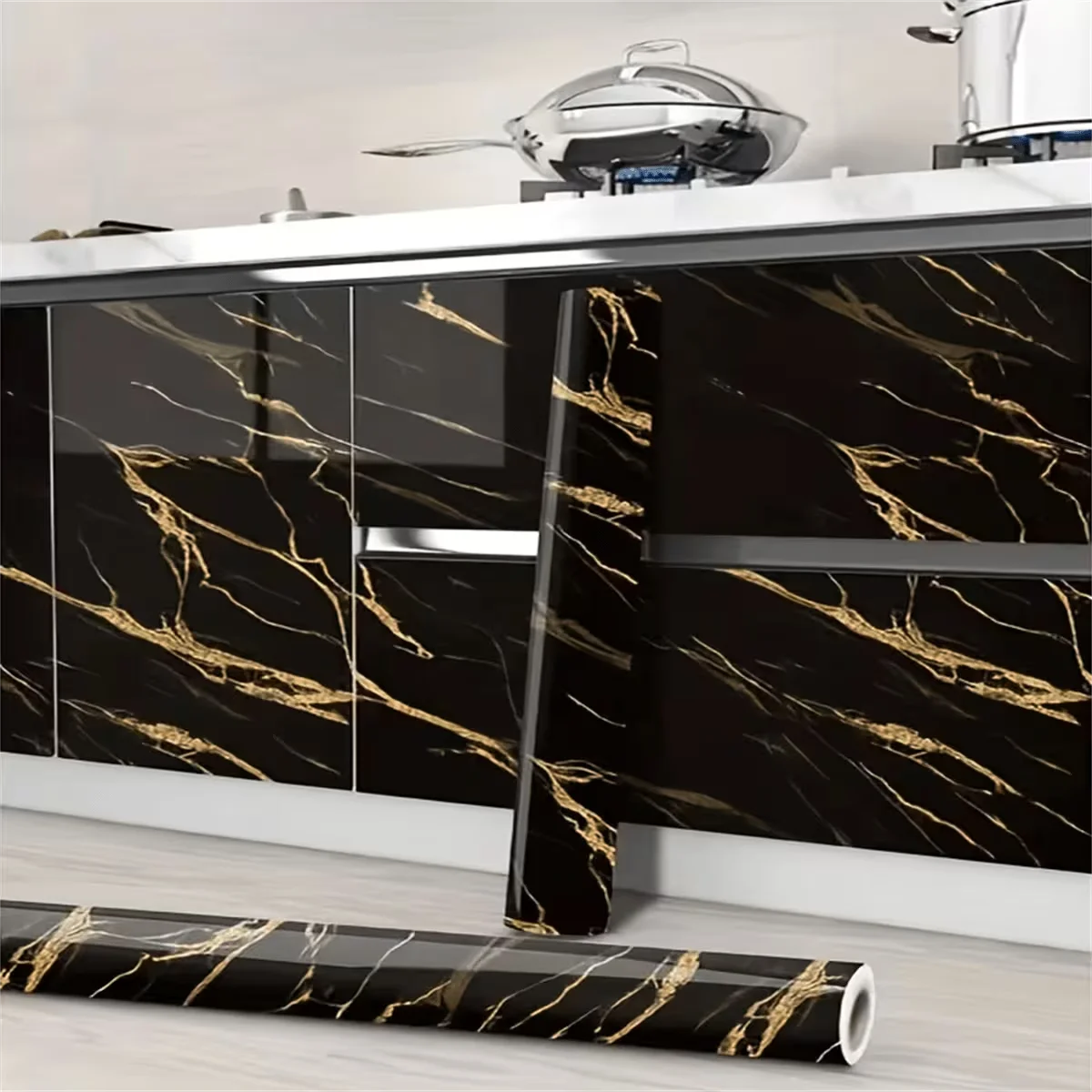 Oil- And Water-Resistant Black Yellow Marble-Patterned PVC Wallpaper/Self-Adhesive Cabinet Sticker Suitable For Home Decoration.