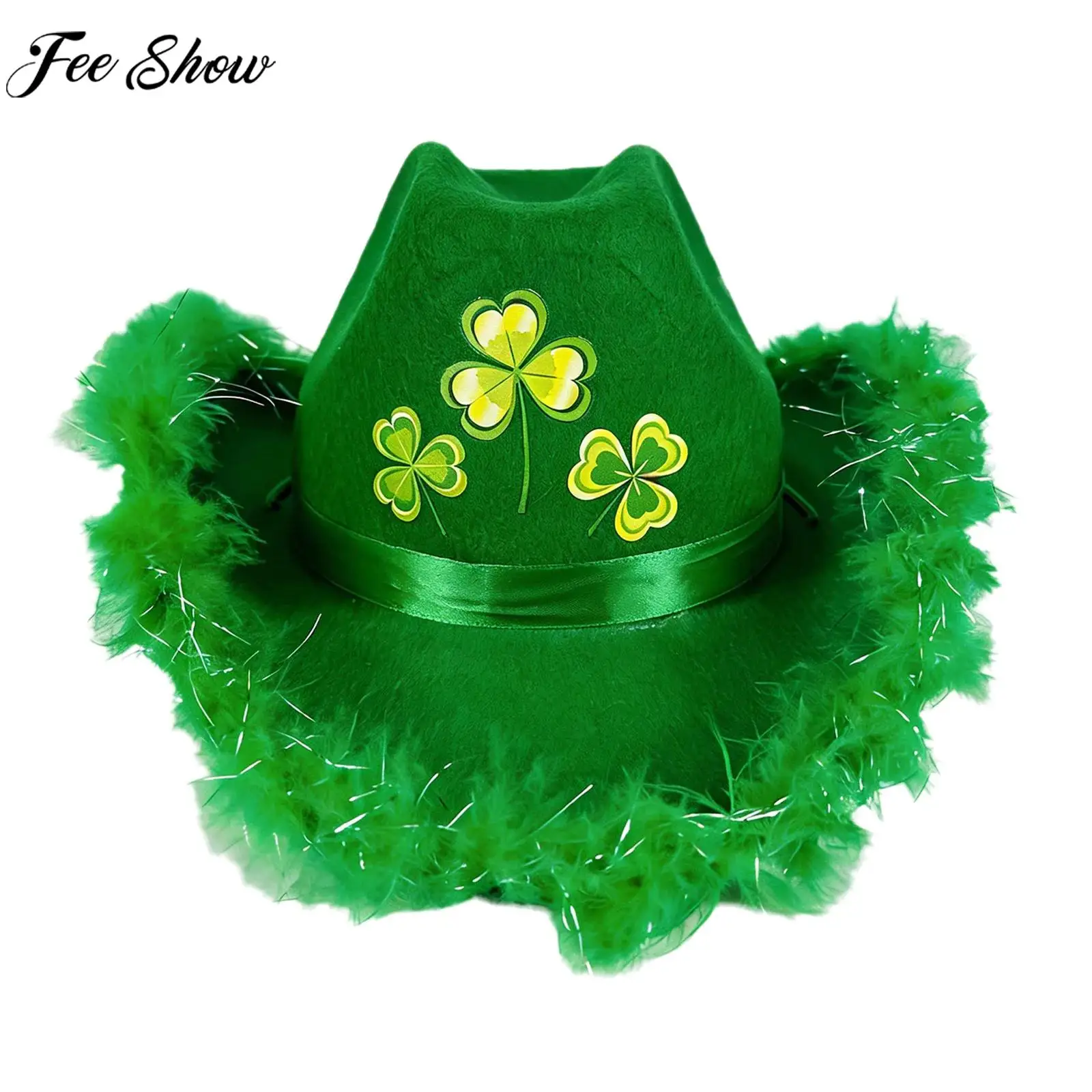 

Unisex Irish Holiday St Patrick Day Cowgirl Hat Headwear Vintage Plush Trim Shamrock Felt Cowboy Cap for Carnival Festival Party