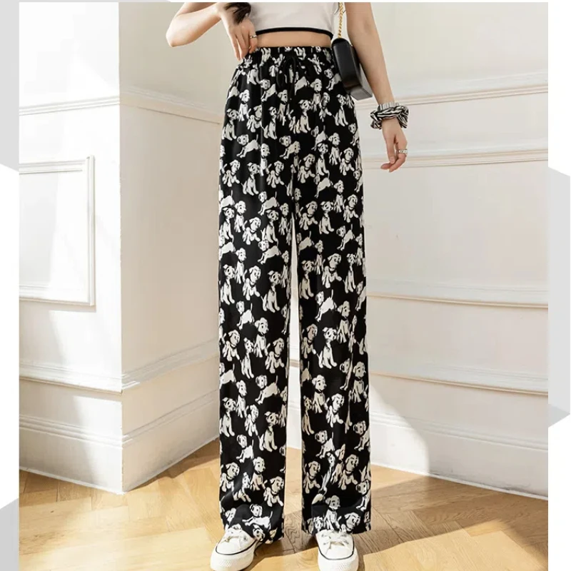 Summer 2024 Women's New Patchwork Printing Ice Silk Chessboard Plaid Loose High-waisted Slim Minimalist Casual Straight Pants