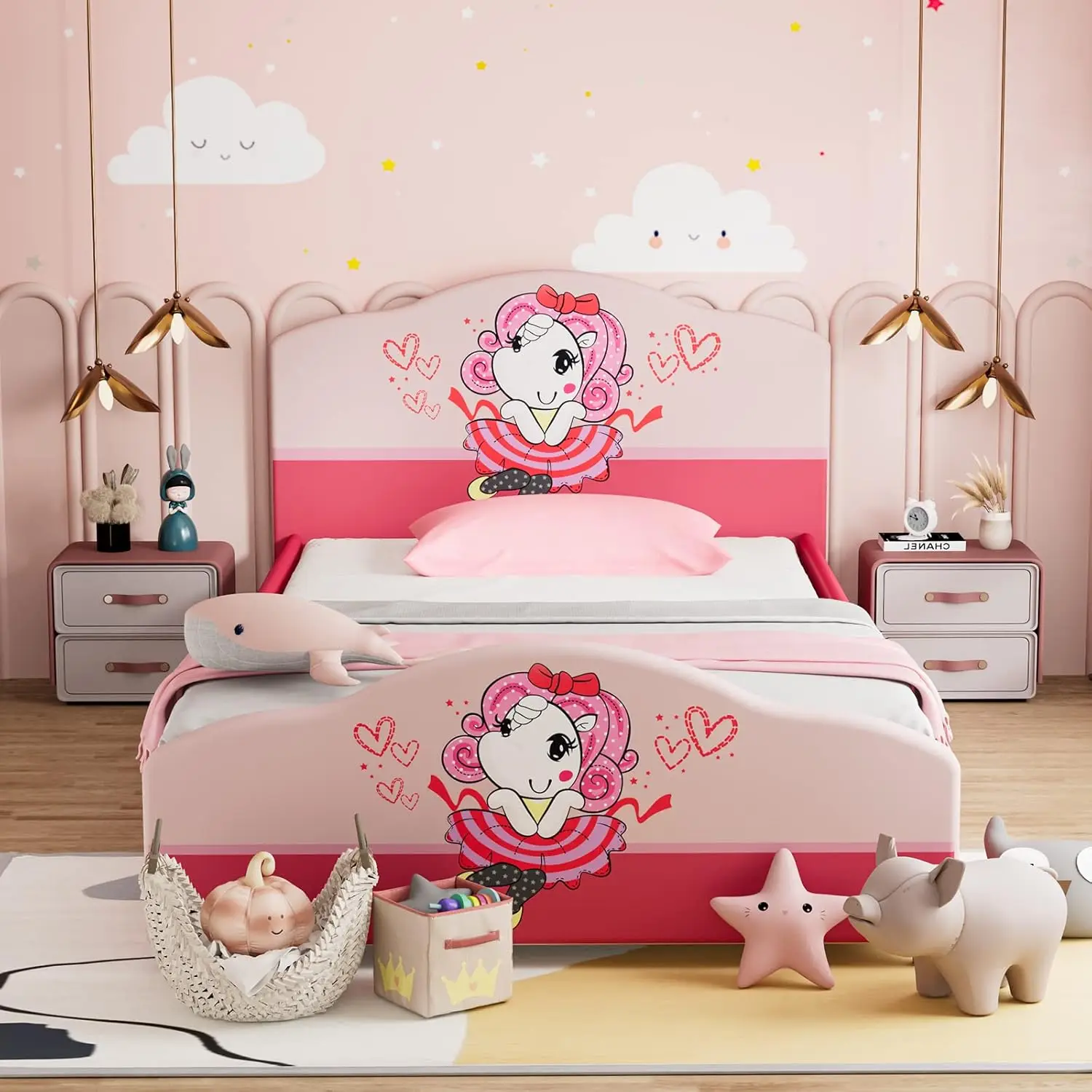 

Twin Bed Frames for Kids, Toddler Wooden Twin Bed Platform w/Headboard & Slat Base,, Children Bedroom Furniture